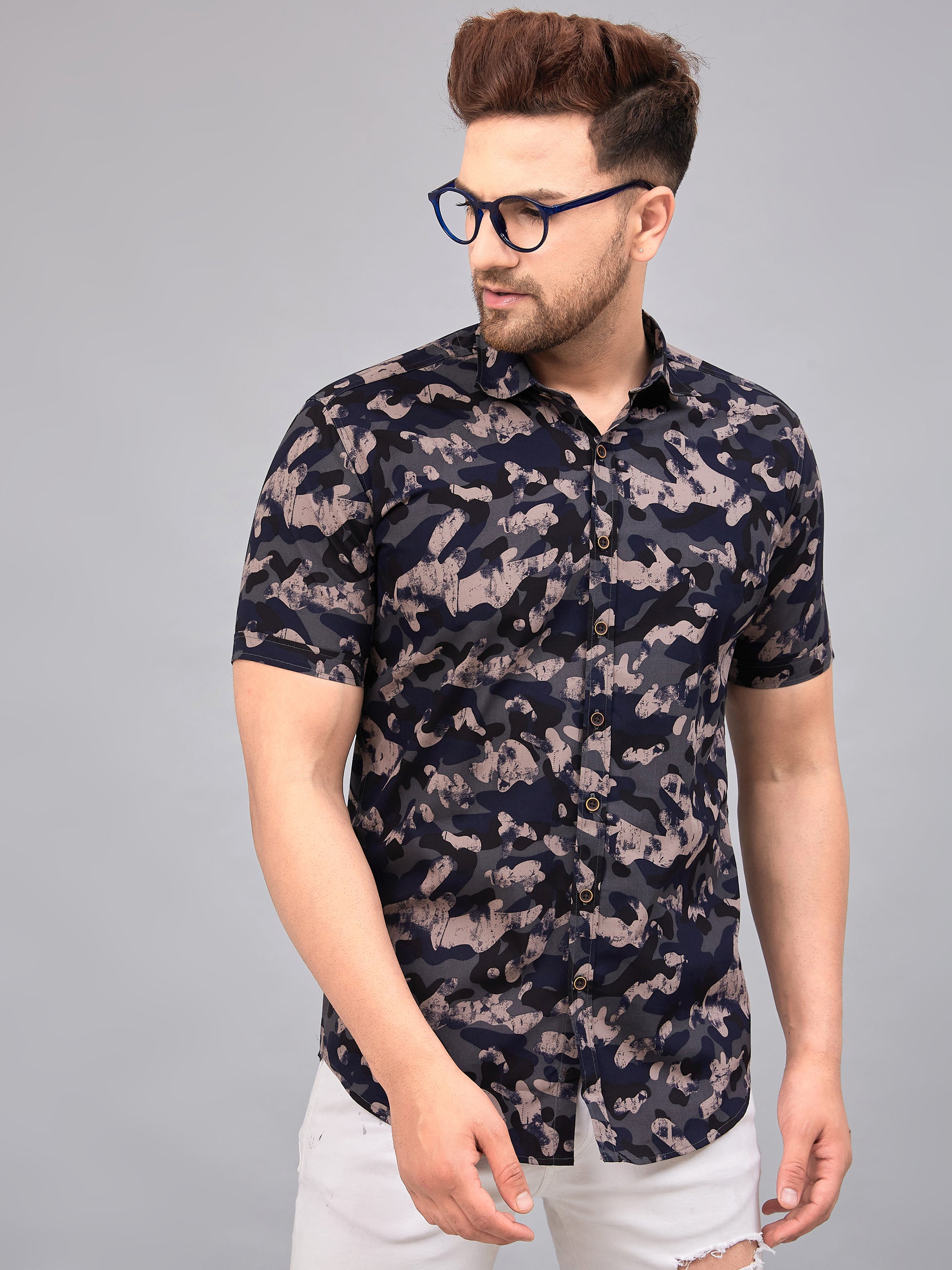 Louis Monarch Men Regular Fit Grey Printed Spread Collar Casual Half Shirt